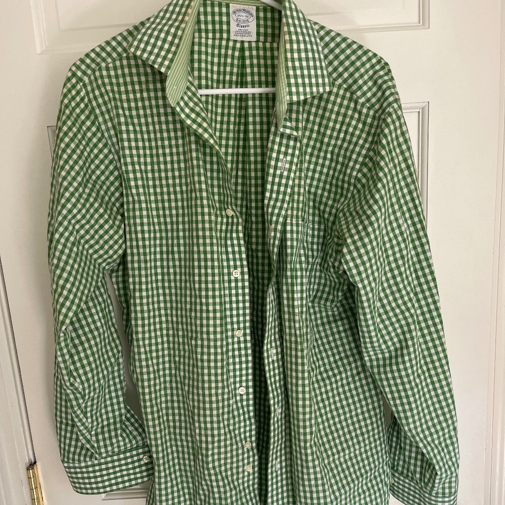 Green and white button down